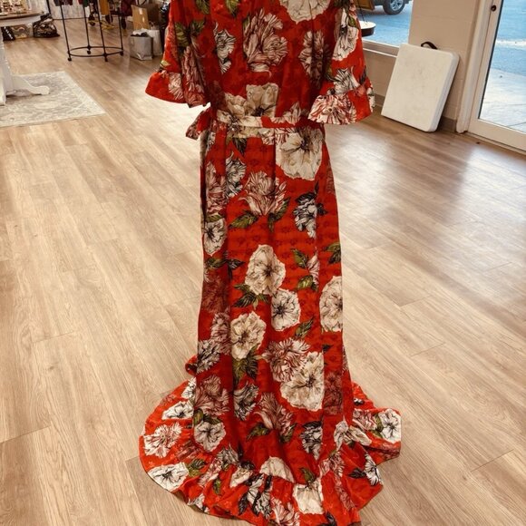 ASOS Red Floral Ruffle Maxi Wrap Dress Size 14 - Picture 3 of 4